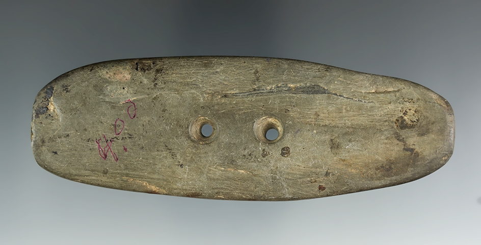 Heavily patinated 4 13/16" Gorget found near Busfield, Lenawee Co., Michigan.