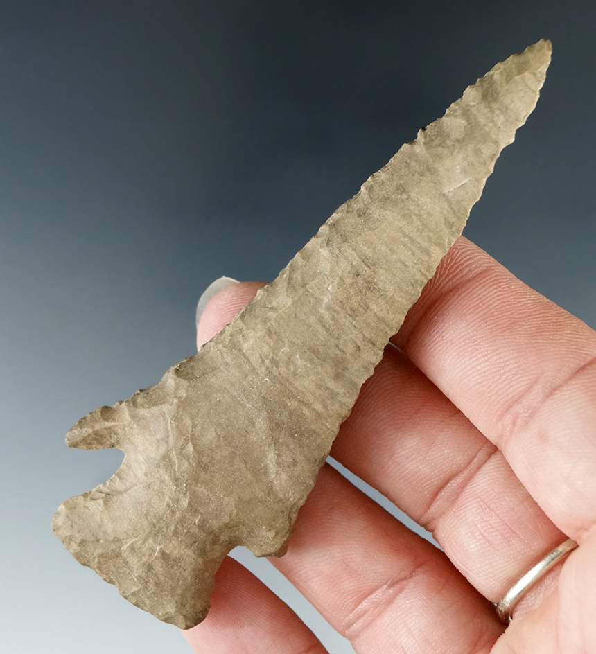 Nice beveling! 3 9/16" deeply beveled knife made from Dover Flint found in Tennessee.