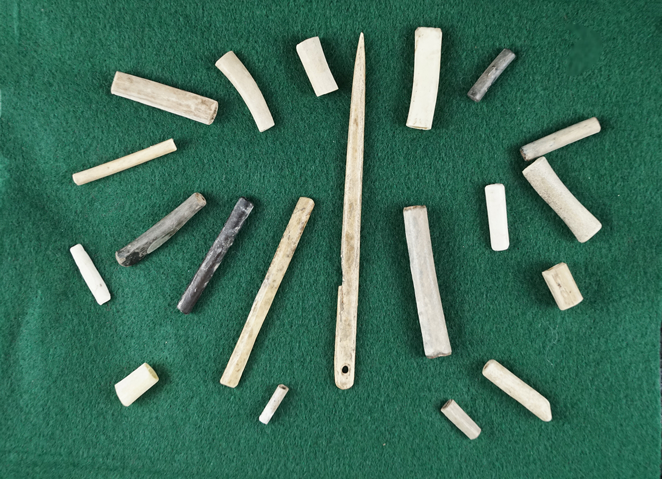 Set including a 4 1/4" long bone needle and 19 bone beads.