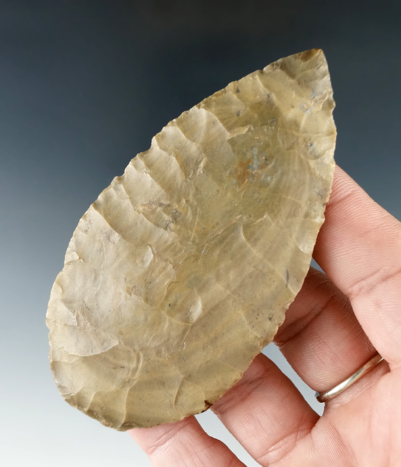 Beautiful bull's-eye design on this 3 9/16" heavily patinated Hornstone Knife  found in Indiana.