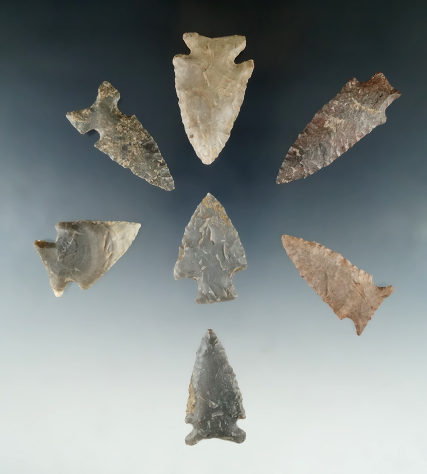 Set of seven assorted Tennessee arrowheads, largest is 2 1/16".