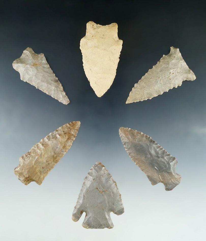 Set of six assorted Tennessee arrowheads, largest is 2 9/16".