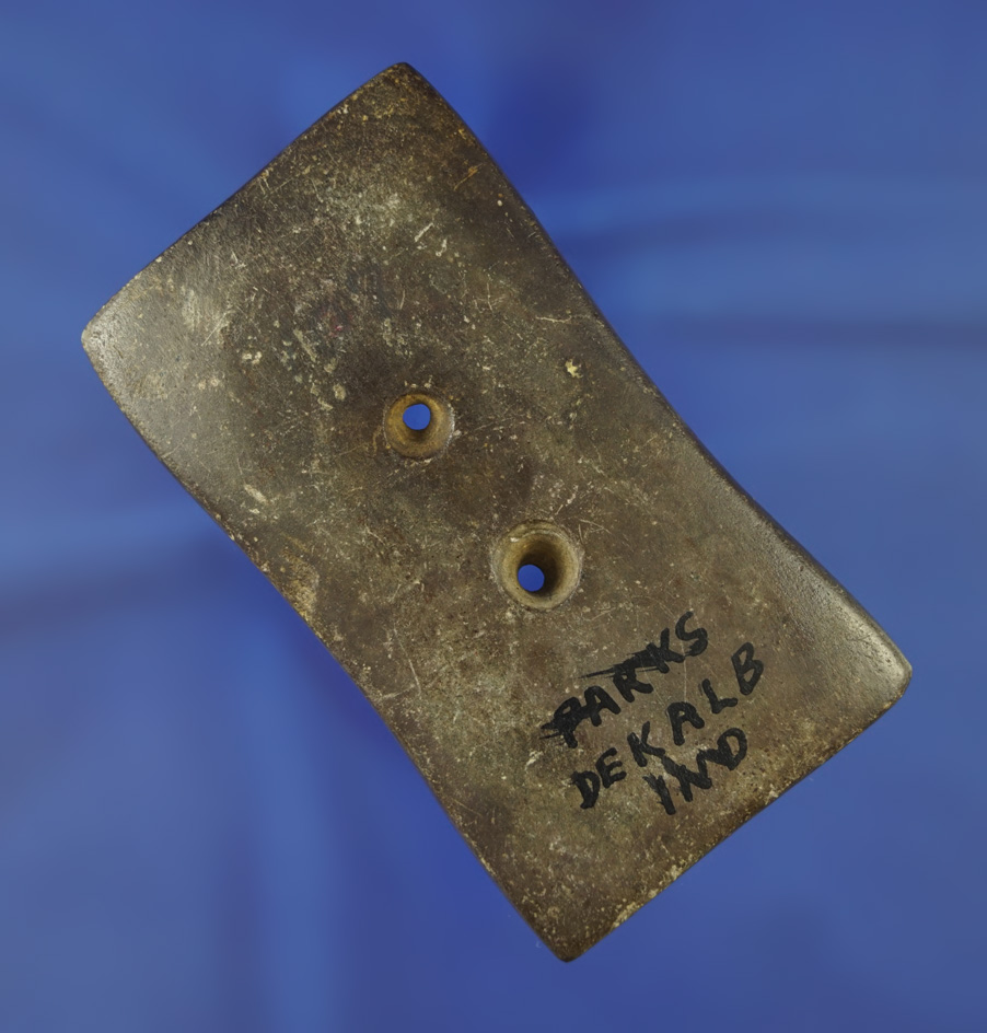 3 11/16" heavily patinated, Quadriconcave Gorget - DeKalb Co.,  Indiana. Ex. Cameron Parks.