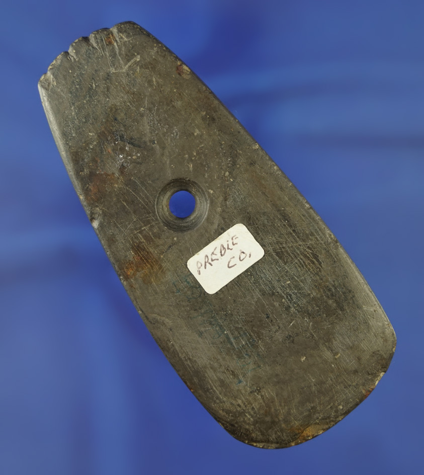 4 1/8" fringed top banded slate Pendant found in Preble Co.,  Ohio with excellent age on surface.