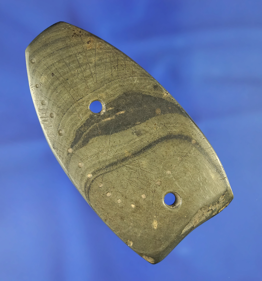 Unique! 3 7/16" long anciently salvaged slate Ohio Gorget with engravings & punctate marks.