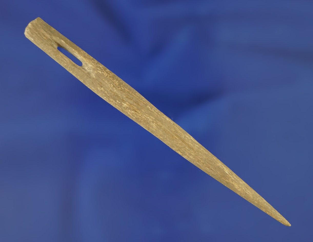 4 3/8" long nicely perforated Bone Needle found in South Dakota. Comes with a Bennett COA.