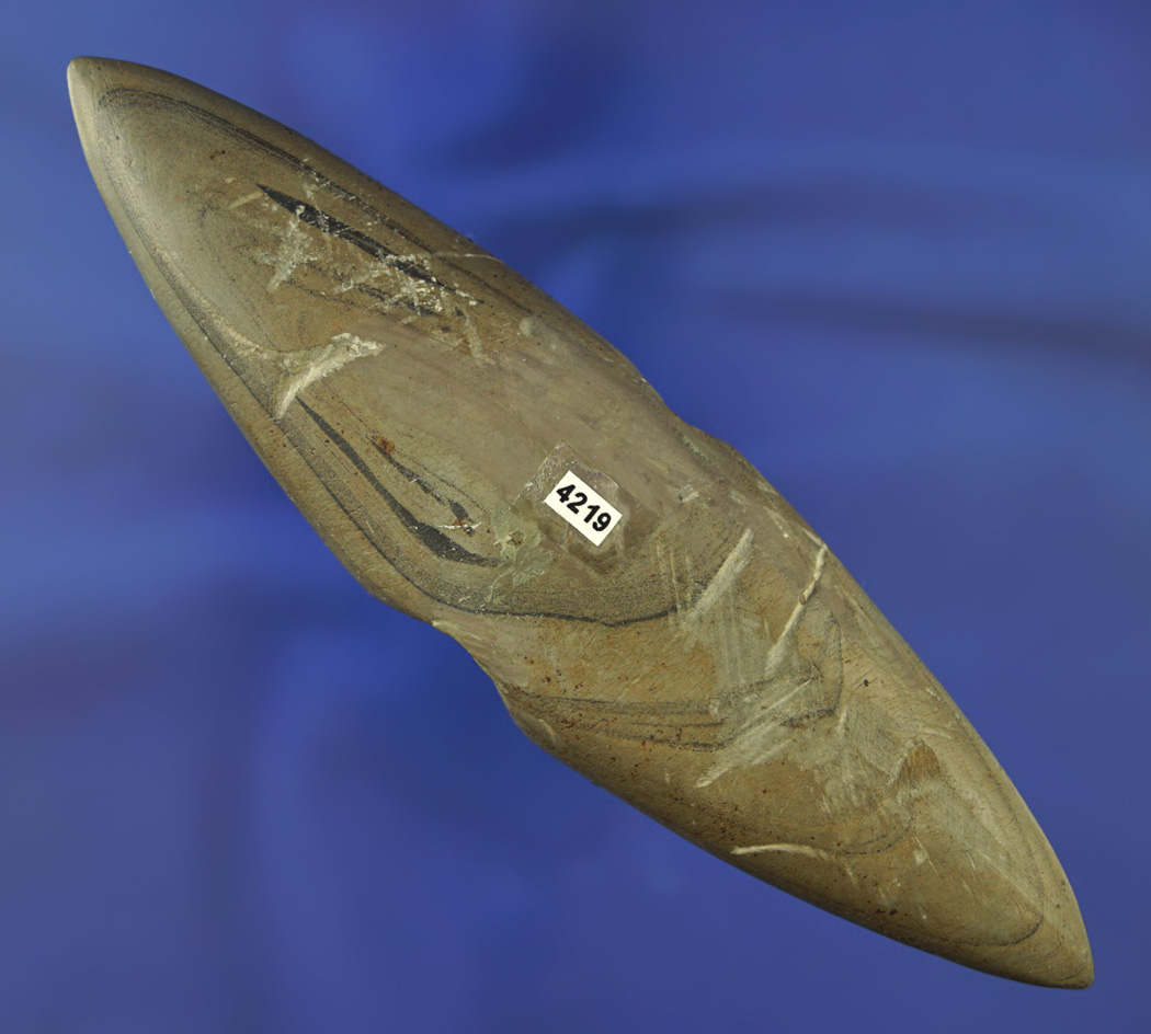 5 5/8" Pick Bannerstone with restoration at the barrel area found in Montgomery Co.,  Ohio.