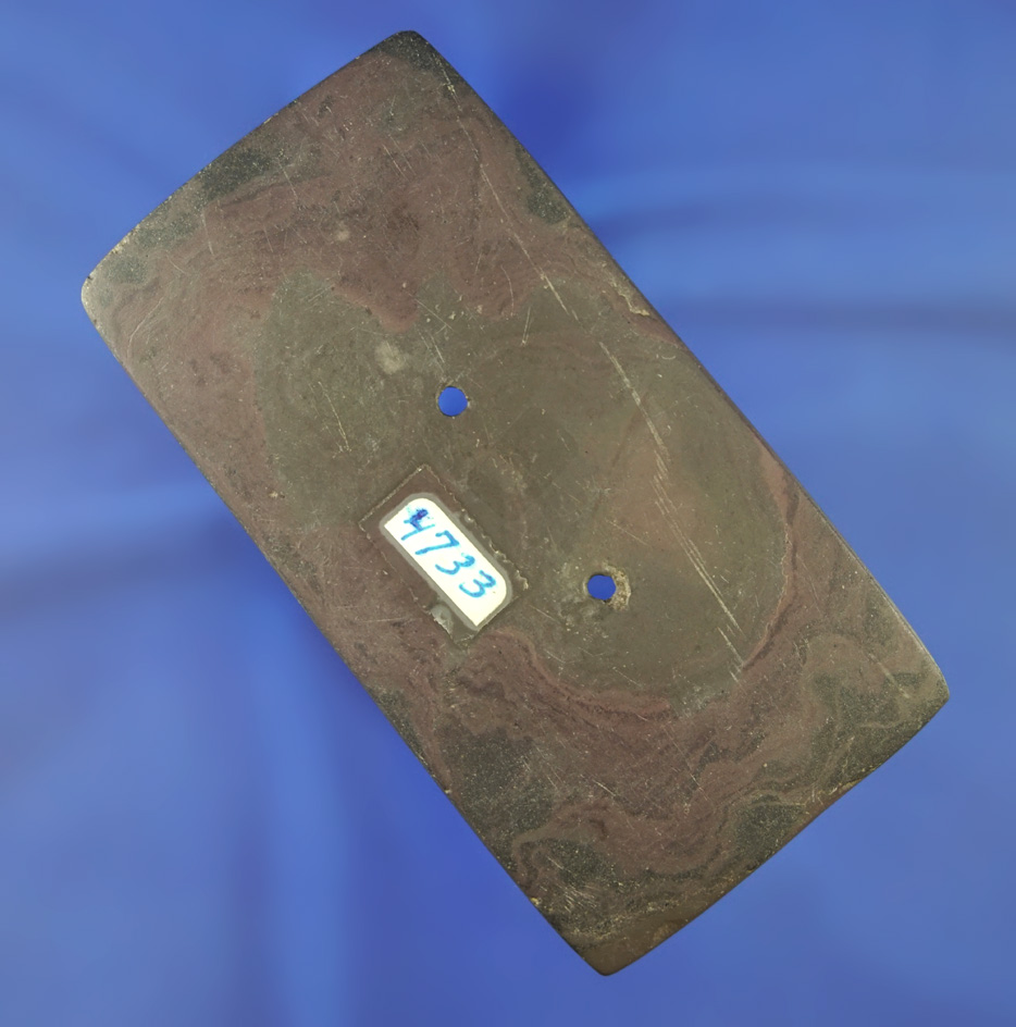 4 1/8" Rectangular Gorget - red and Green banded slate - Crawford Co.,  Ohio. Ex. Wehrle #1192W.