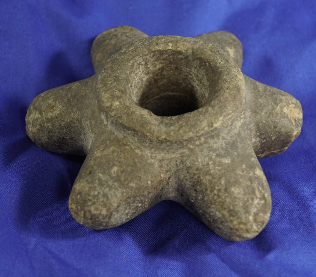 4 3/4" six prong Inca stone mace head found in Peru that is heavily patinated.