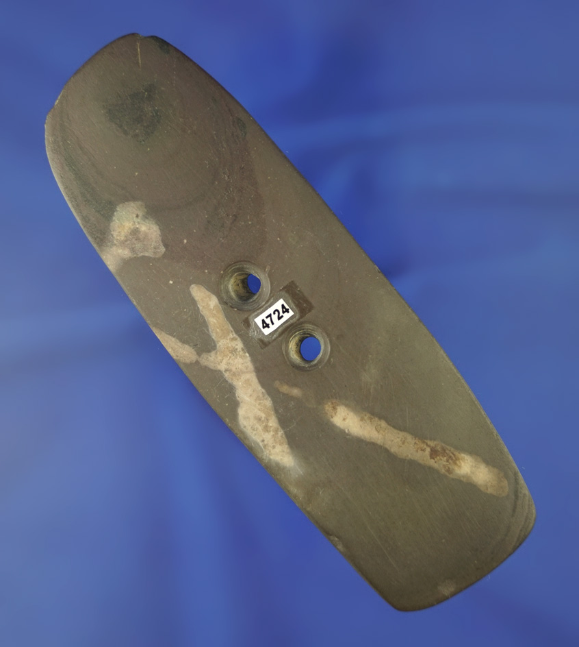 4 and 7/8" Brown slate Gorget with nice worm tracks found in Darke Co.,  Ohio. Ex. Kenny McNeil