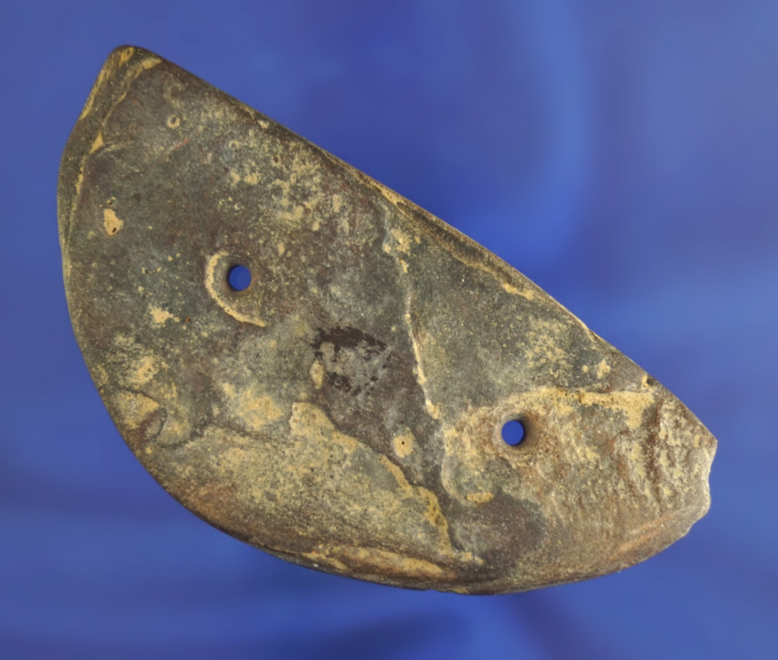 4" wide brown slate two hole Crescent Gorget found in New Jersey.