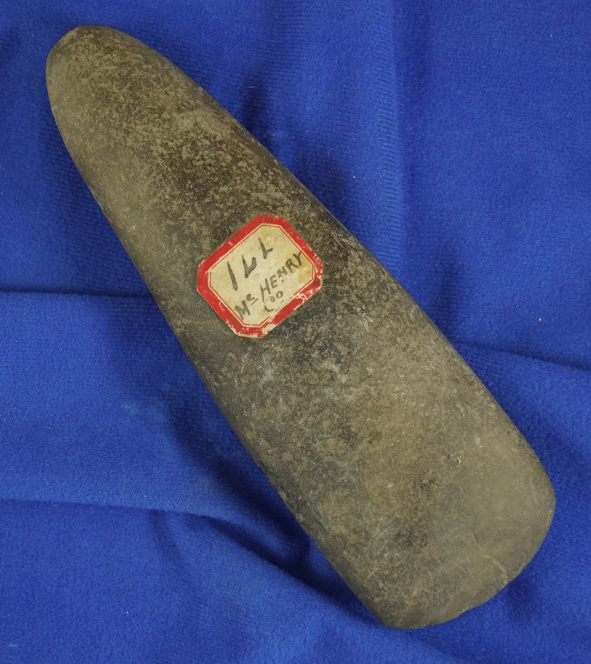 Large and heavily patinated 7 3/4" long Celt found in McHenry County Illinois.