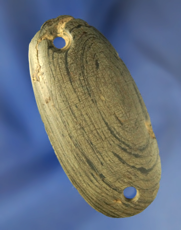 3 1/8" engraved banded slate Gorget found in Putnam Co.,  Ohio that is well patinated.