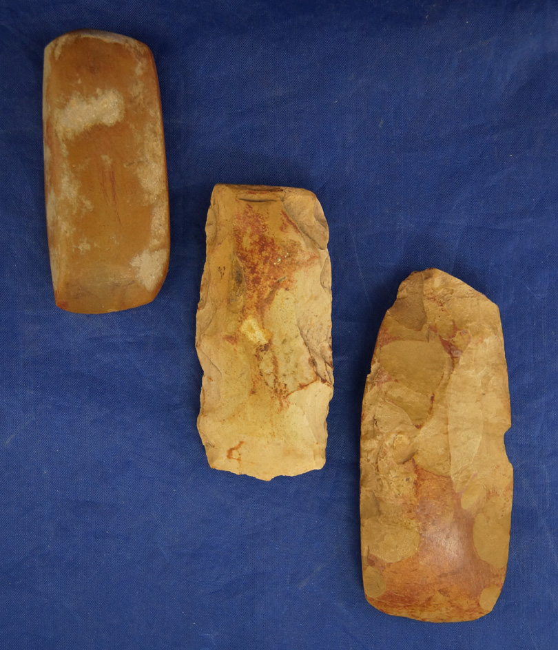 Set of 3 Assorted Flint Celts made from beautiful material, largest is 3 3/8", found in Arkansas.