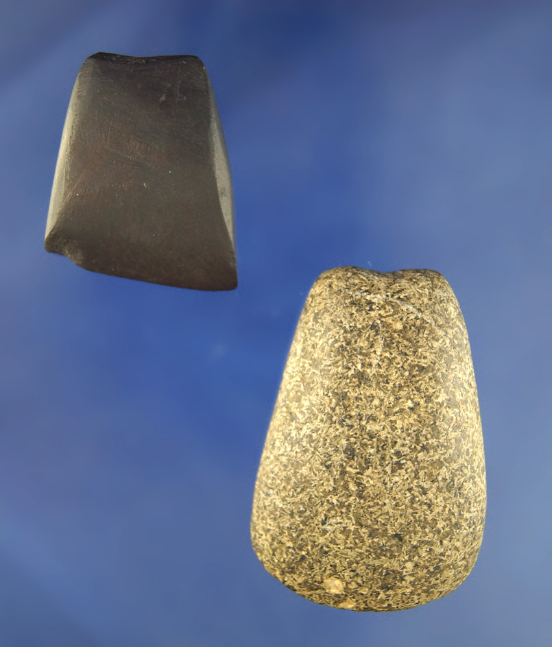 Pair of miniature slate Celts found in Ohio, largest is 2 1/16". Both in excellent condition, 1  hem