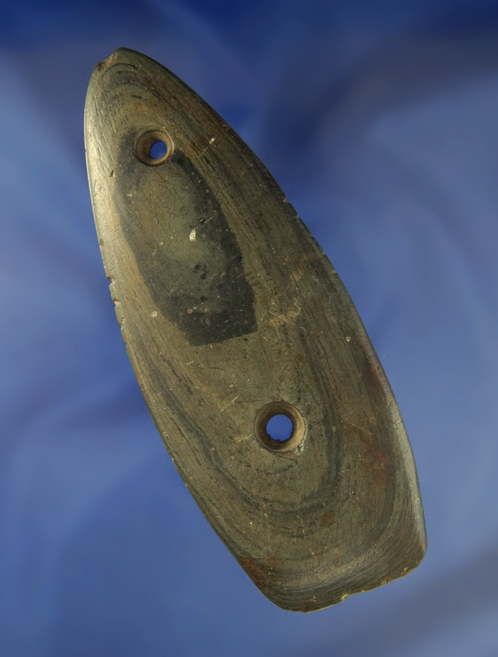 5 1/16" heavily patinated banded slate Gorget with four tallies on each side found in Logan Co.,  Oh