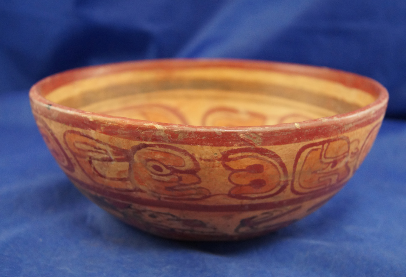 Nicely decorated 6 1/2" Wide Mayan Bowl depicting underworld swimmers.