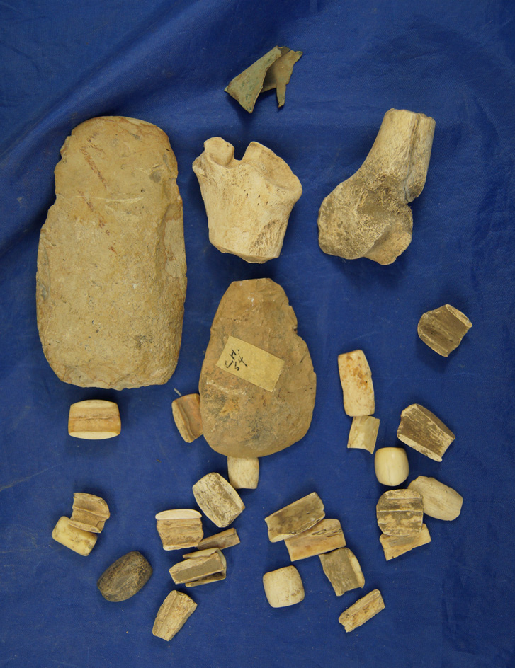 Assorted Group of Bone artifacts and Two Stone Celts found in Greenup Co., Kentucky. Ex. Claxton.