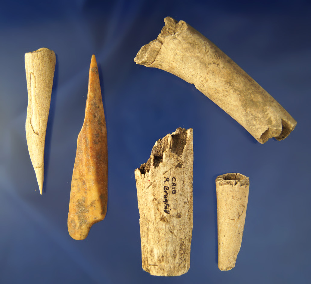 Set of five bone artifacts found at the Crib Mound by Ricky Brumfield, Spencer Co.,  Indiana.