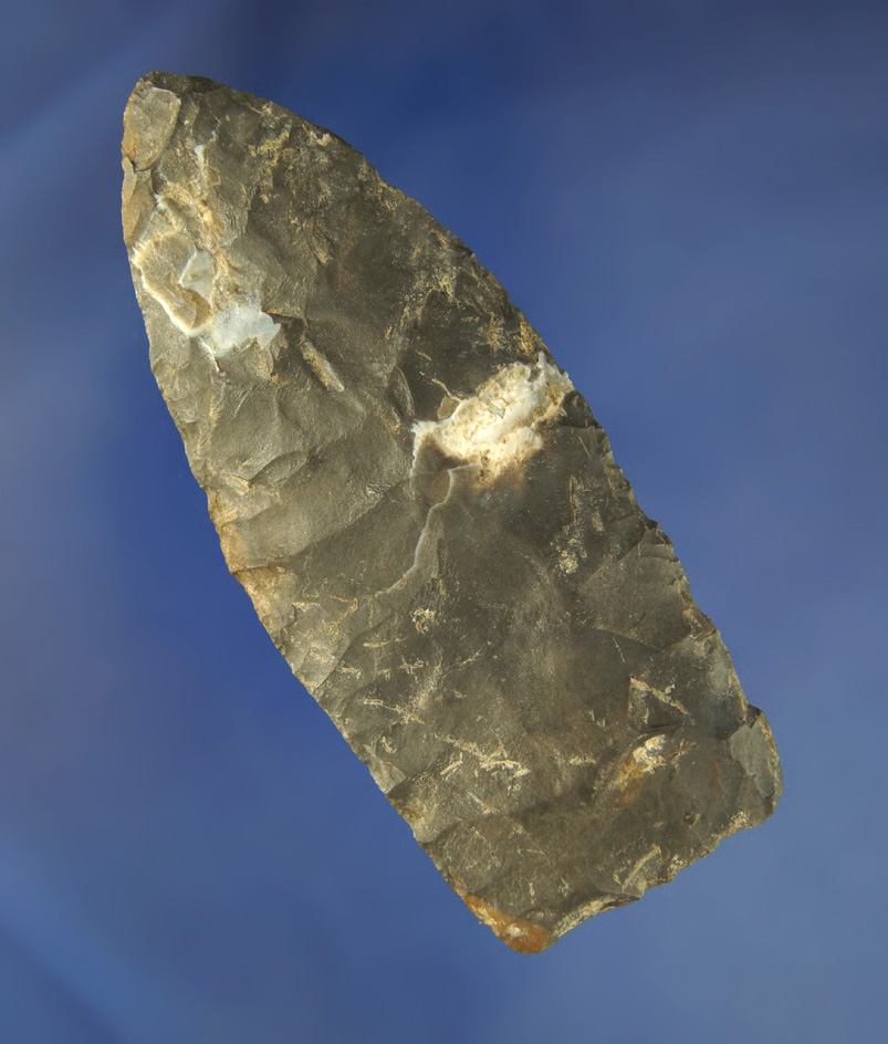 4 1/16" Knife with heavy deposits on surface found by Art Gerber  Crib Mound, Spencer Co.,  Indiana.