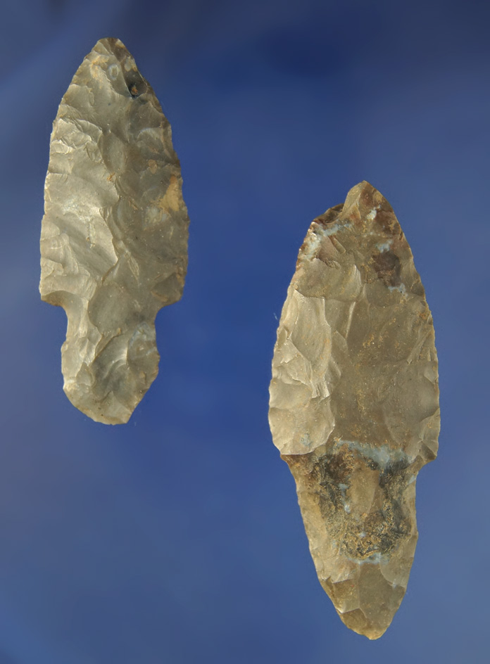 Pair of Hornstone Adena Arrowheads, largest is 3" found at the Crib Mound, Spencer Co.,  Indiana