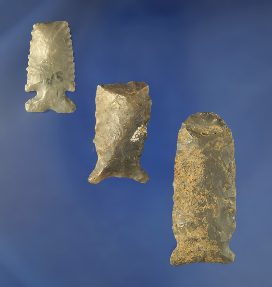 Set of three damaged Arrowheads, largest is 2 1/8" found at the Crib Mound, Spencer Co.,  Indiana