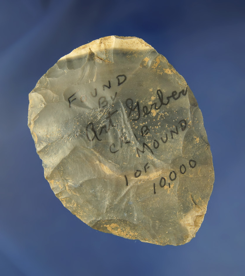 3 7/16" Hornstone Cache  Blade found at the Crib Mound, Spencer Co., Indiana. Art Gerber signed