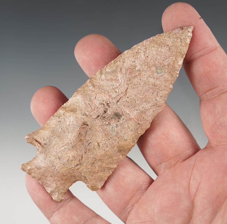 4" Etley knife made from attractive pink mottled flint. Found in Missouri.