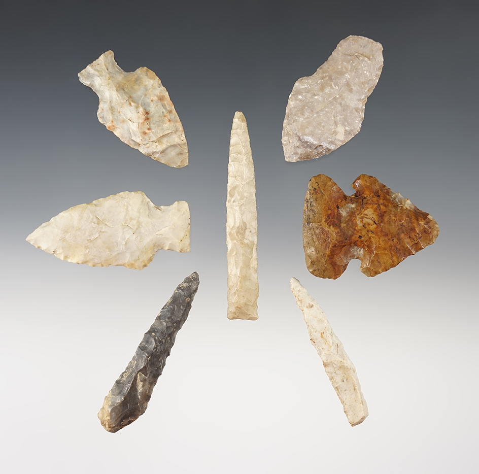 Set of 7 assorted Ohio artifacts including Drills and various points. The largest is 2 3/4".