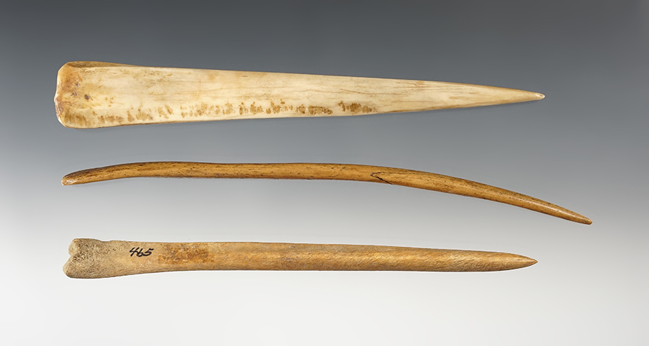 Set of 3 nice Bone Awls found at the Fox field Site in Mason Co., Kentucky. Largest is 7 3/16".