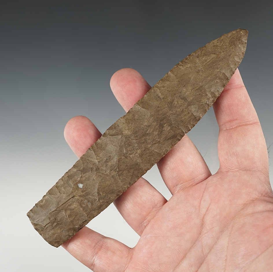 Large 6 1/8" Tennessee Knife made from patinated Dover Chert. Has a burin at the tip.