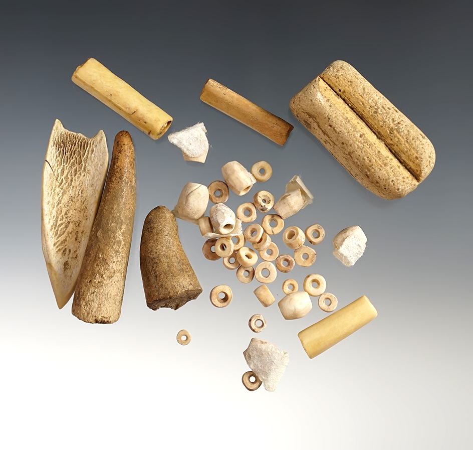 Set of various Beads and Bone artifacts. The largest is 2 3/16".