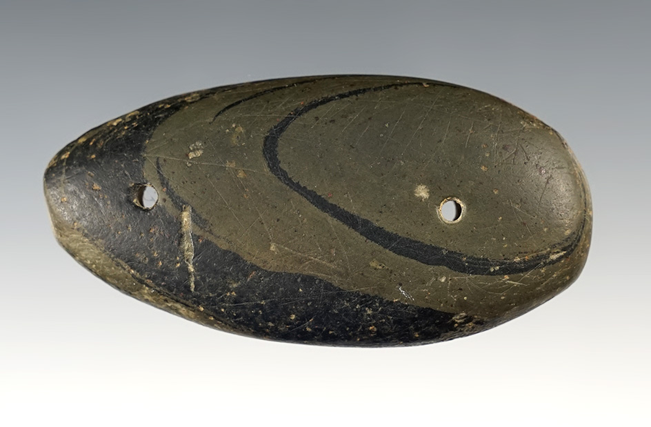 Well patinated 3 1/4" Gorget found in Roundhead, Hardin Co., Ohio.