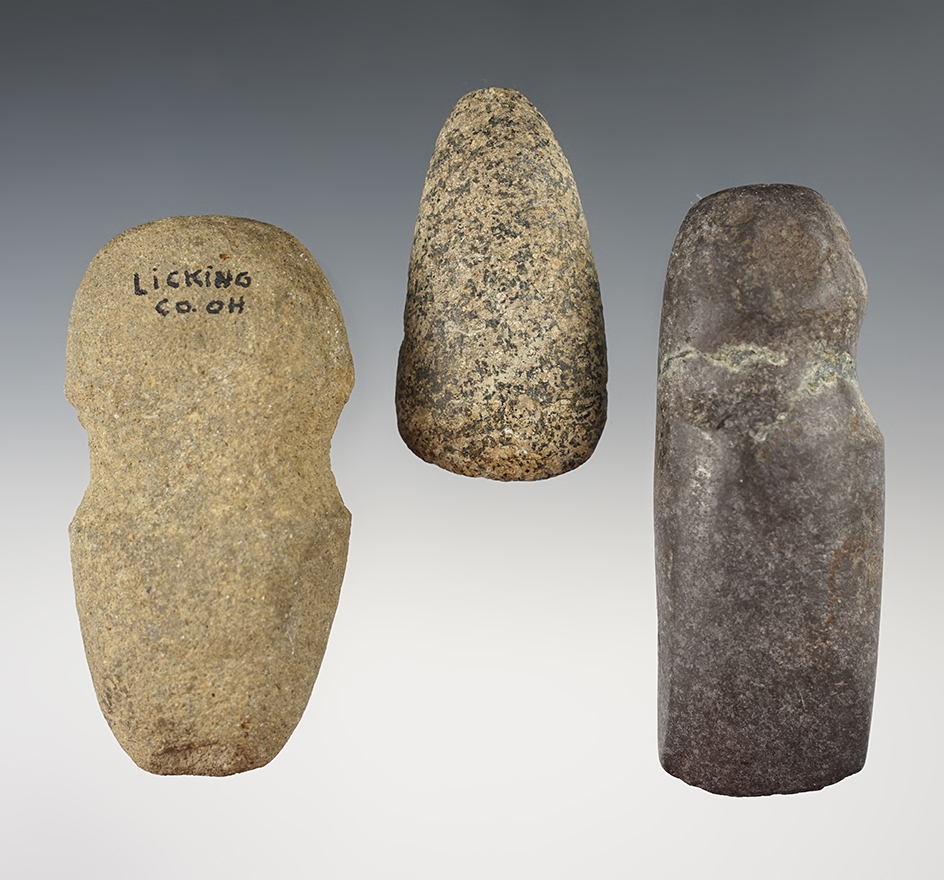 Set of 3 Hardstone Tools including an Axe, Adze and a Grooved Hammerstone. Largest is 4".