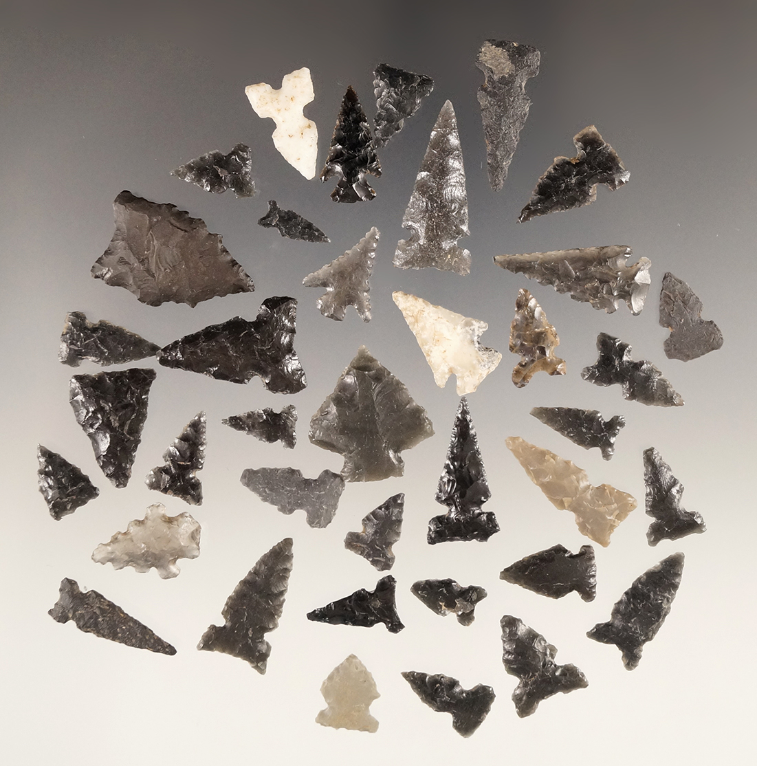 Set of 38 Arrow Points found in Northern New Mexico. Most are made from Obsidian.