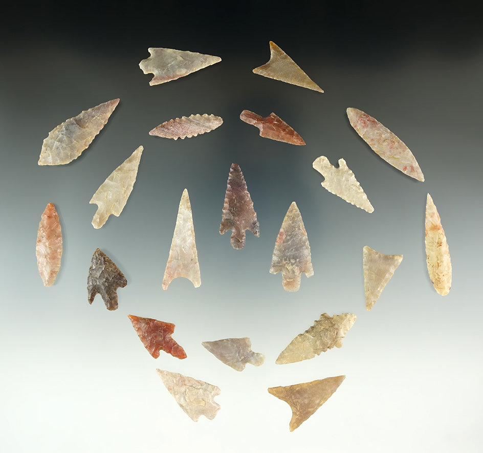 Set of 20 Colorful African Neolithic Points found in the Sahara Desert. The largest is 1 1/2".