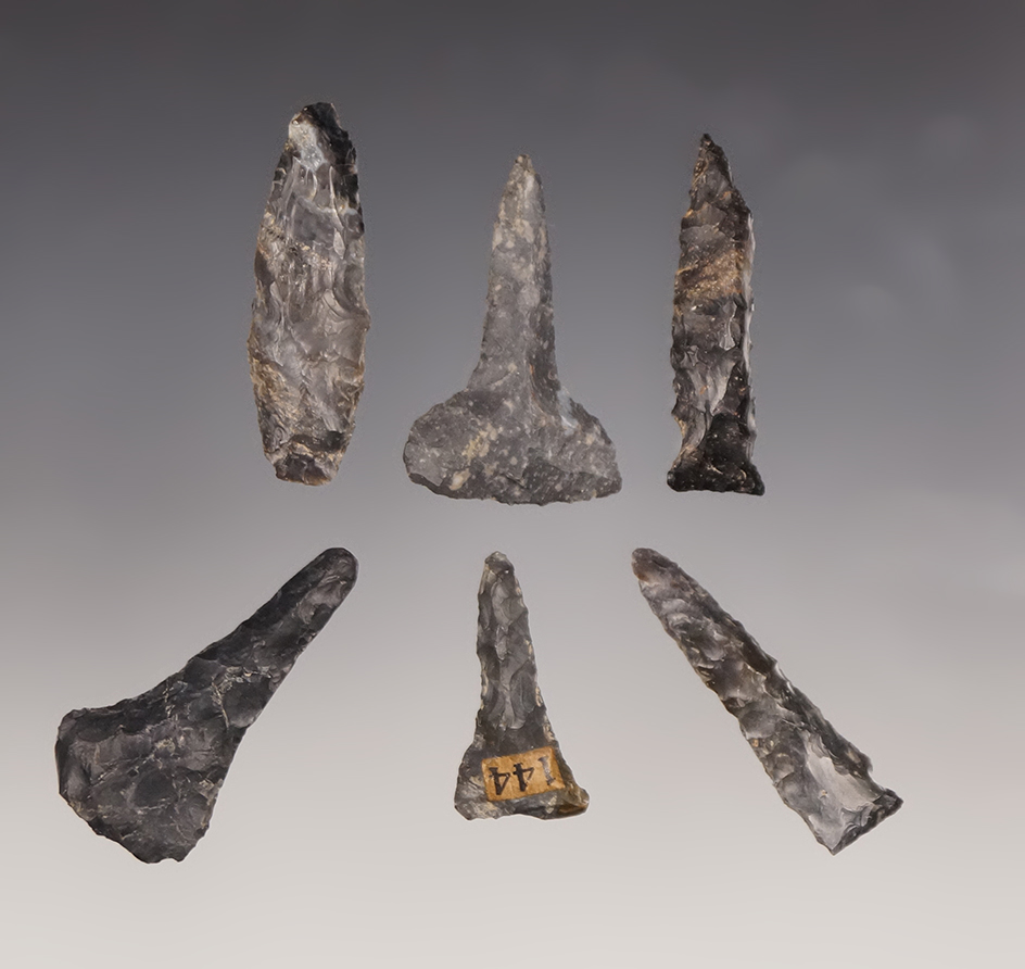 Set of 6 Coshocton Flint Drills found in Ohio. Largest is 1 13/16".