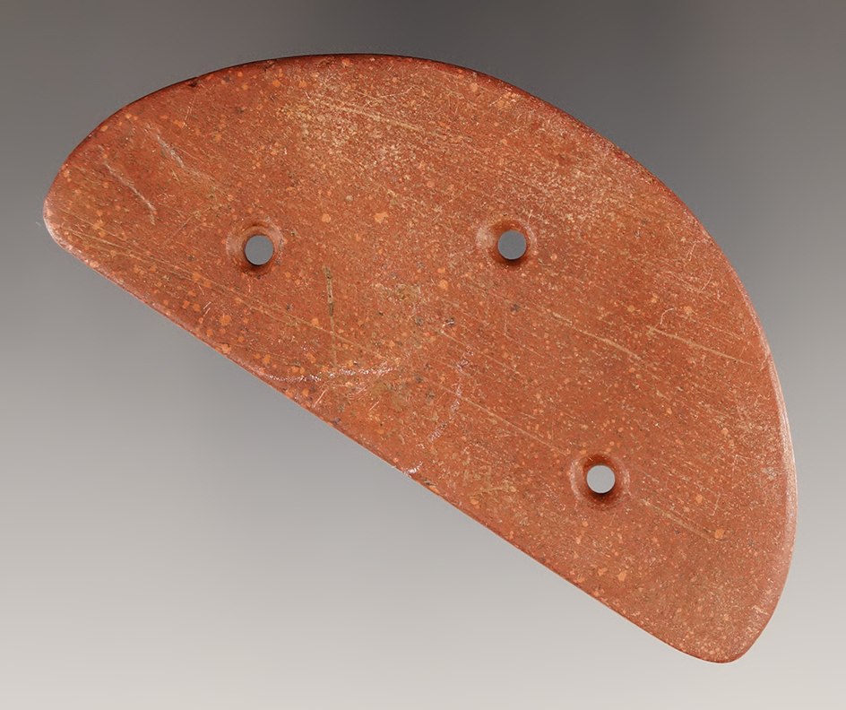 Unique 3" long three hole Crescent Gorget made from catlinite found in Illinois.