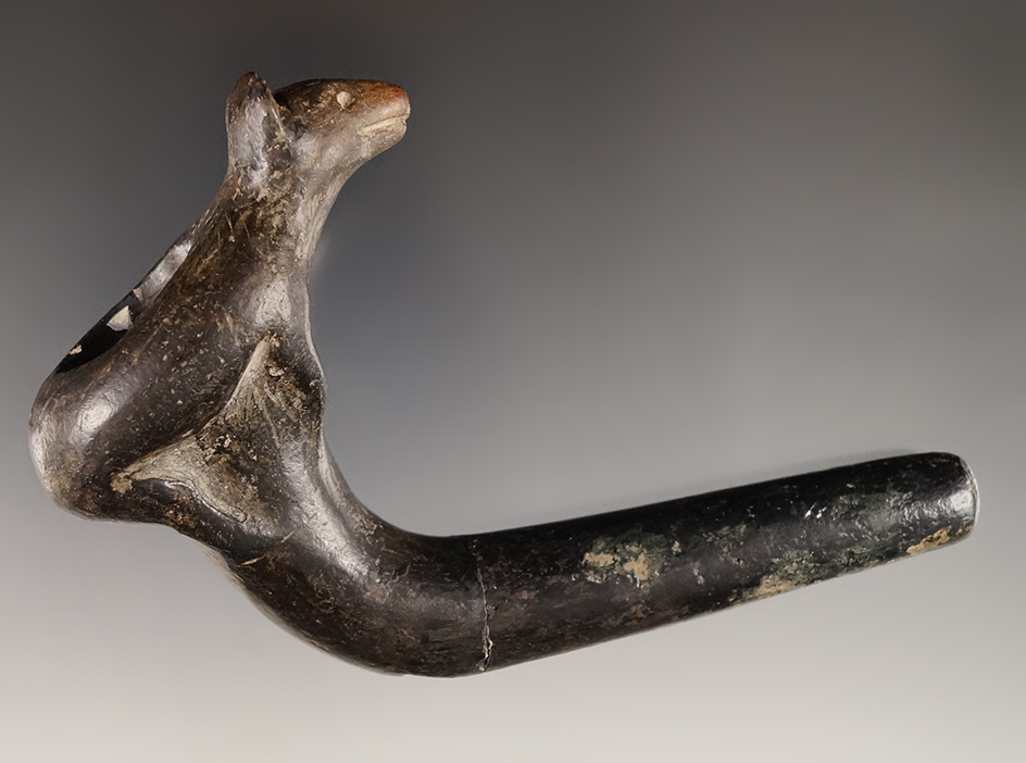 4 7/8" Bear effigy Iroquois pipe found in New York that is broken and mended at the elbow.