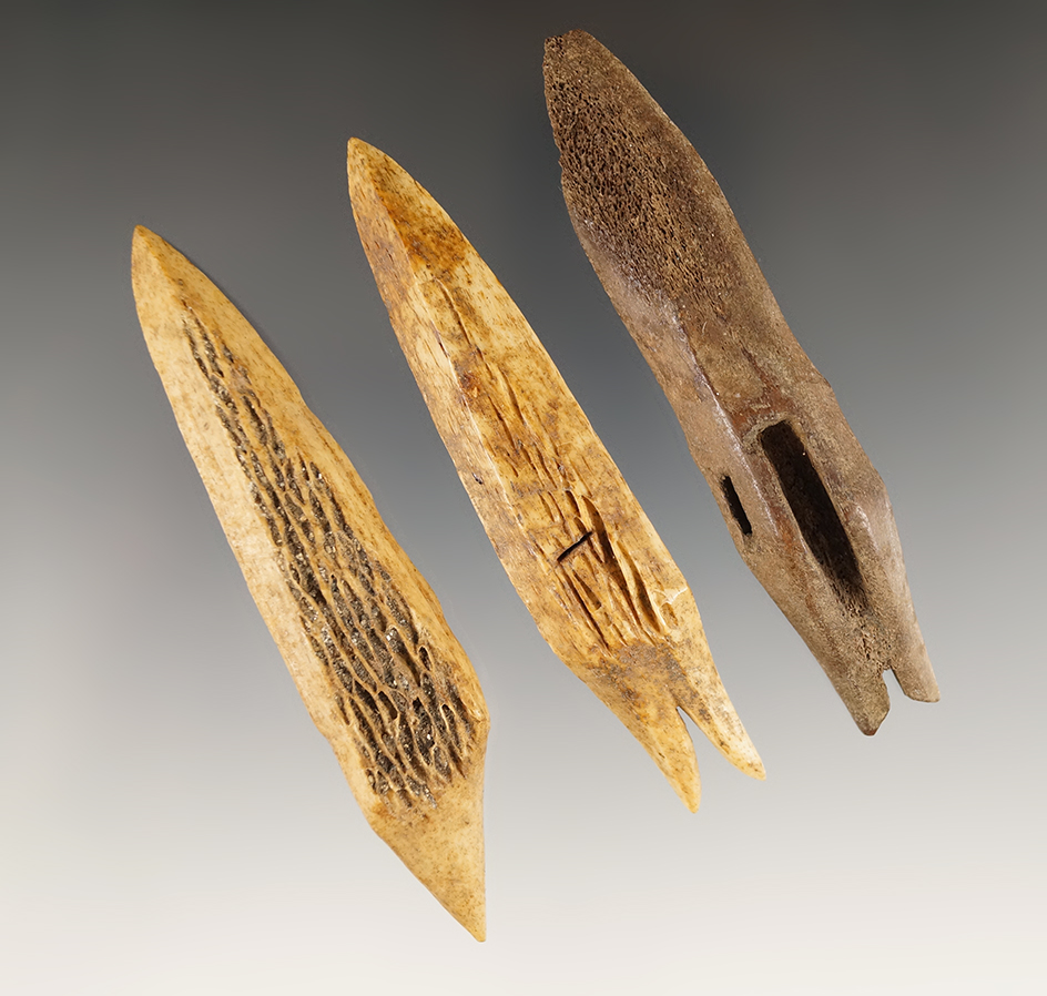 Set of three Inuit ivory harpoon tips found in Alaska. Largest is 3 3/4".