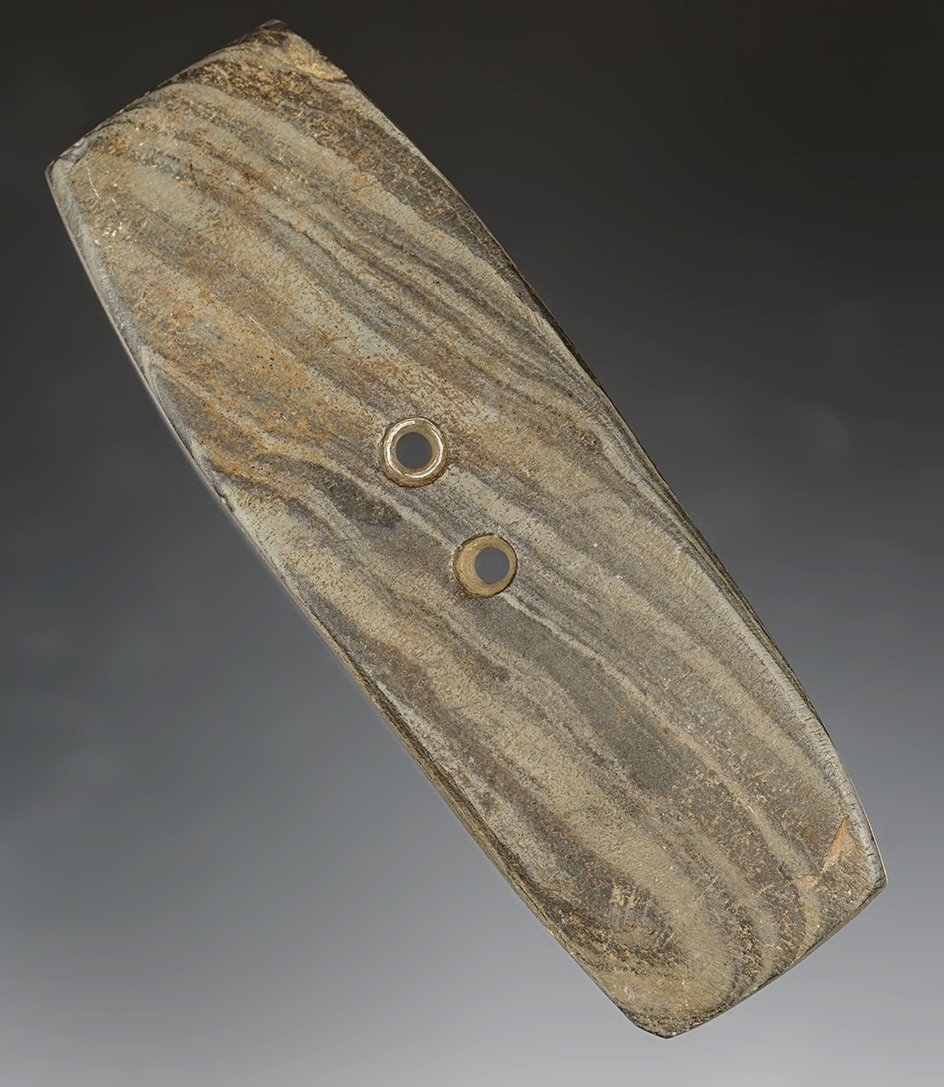 4 9/16" Rectangular Gorget made from Banded Slate. Found in 1933 in Cass Co., Indiana.
