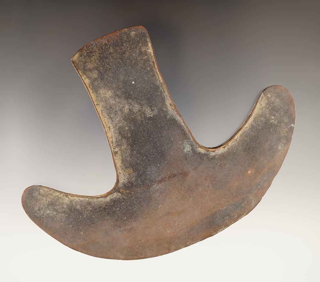 6" Wide Pre-Columbian copper Tumi found in Mexico. In very nice condition.