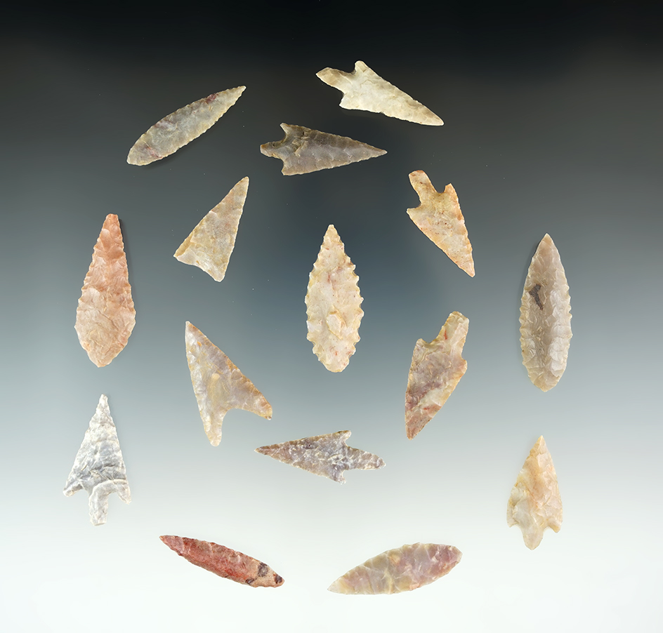 Set of 15 colorful Neolithic points found in the Sahara Desert. The largest is 1 1/2".