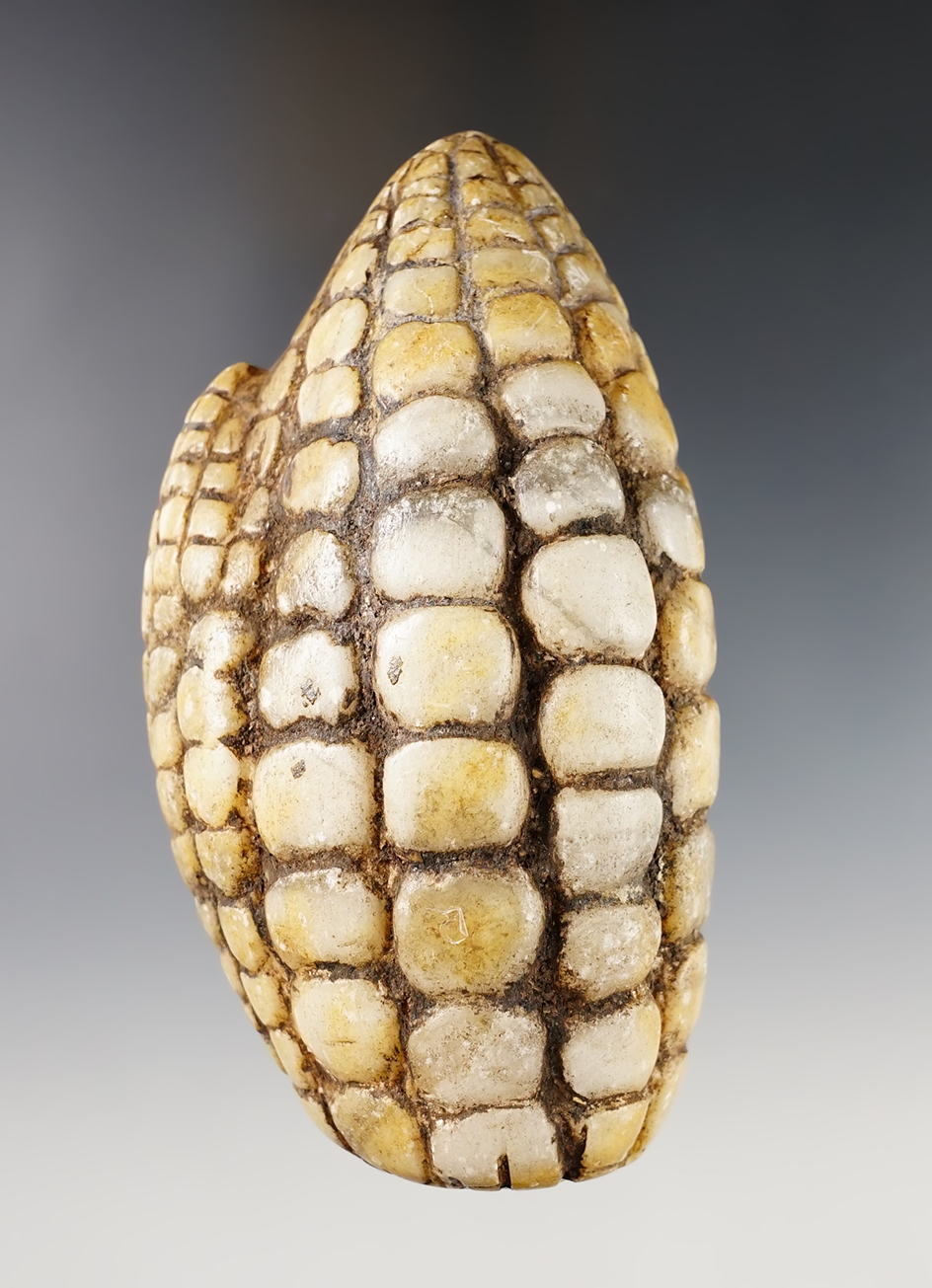 Beautifully crafted 4 1/4" tall double-ear corn effigy made from quartz. Recovered in Peru.