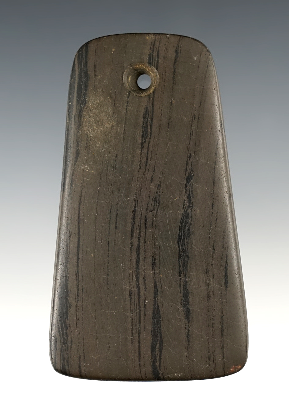 Fine 3 3/16" Trapezoidal Pendant found in Holmes Co., Ohio. Made from Banded Slate.