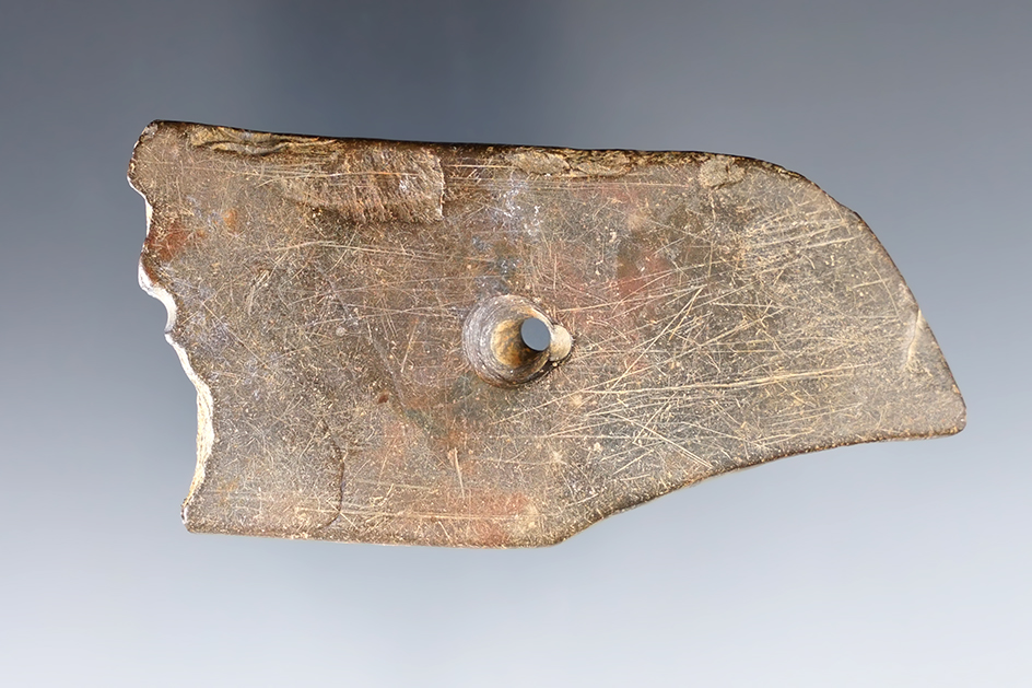 3 1/2" anciently salvaged pendant. Found by William "Curly' Platt at the Byler Mound. Pictured.