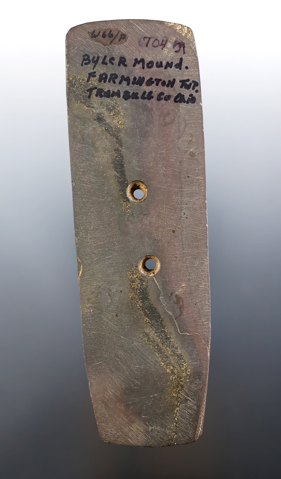 Large 5 1/2" Hopewell gorget. Recovered at the Byler Mound, Trumbull Co., Ohio. Pictured.