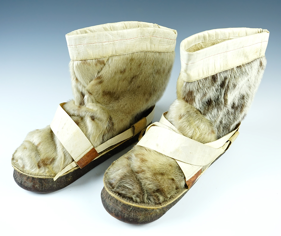 Ex. Museum! Pair of Eskimo boots made from leather and fur, 10 1/2" long.