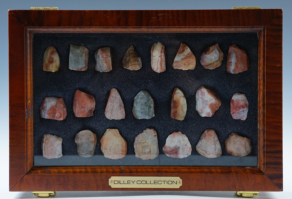 Set of 22 highly colorful Flint Ridge Flint Cores in a beautiful custom made Curly Maple case.