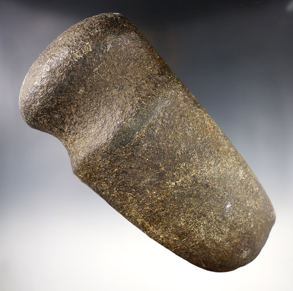 Heavily patinated 7 3/16" long 3/4 grooved Archaic Midwestern Axe with nice use wear to bit.